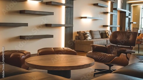 An inviting sitting area with a round wooden coffee table placed between a brown leather chair and ottoman, facing a cozy sofa. Floating shelves decorate the wall..