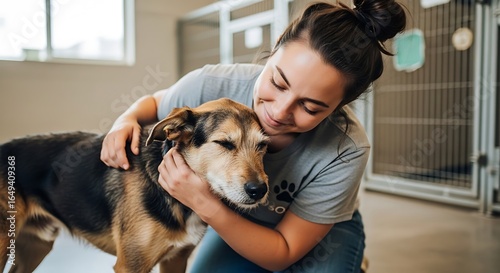 Woman hugging dog animal shelter rescue adoption pet care love canine friendship volunteer happy friend national dog day