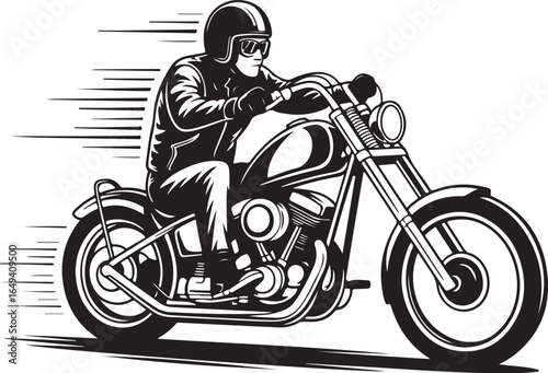 Dynamic biker speeds on classic motorcycle, wind lines