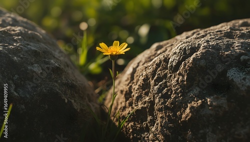 Bright Yellow Wildflower Growing Between Rough Stones