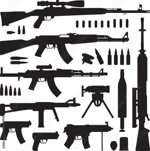 Diverse collection of weapon silhouettes including firearms and ammunition rifle sniper rifle