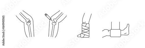 Orthopedic injury, joint injection, leg fracture, ankle sprain icon vector illustration set in line style.