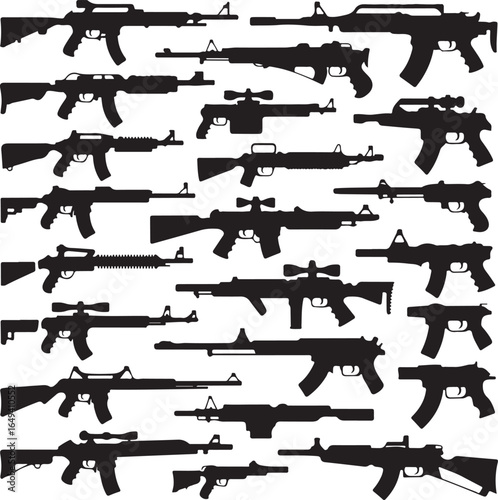 Silhouette collection of diverse firearms and rifles on white background weapon military