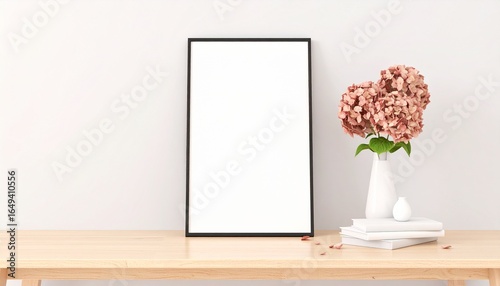 Elegant vertical black frame mockup on a wooden table with pink hydrangeas, perfect for displaying art or photography.