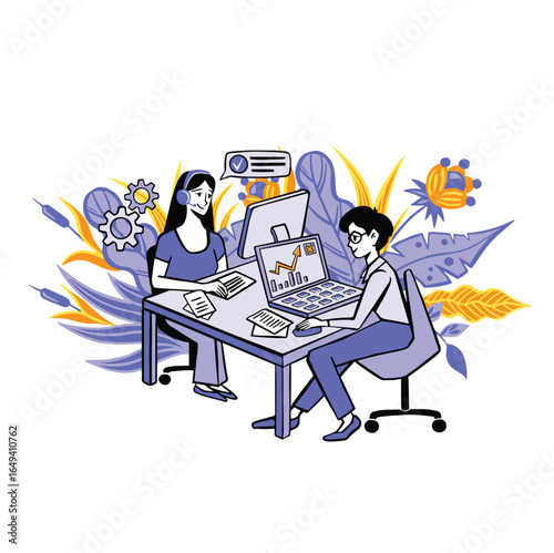 Work in the office on a laptop lilac vector flat
