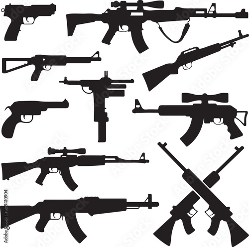 Silhouette collection of handguns and rifles with scopes on white background pistol firearm