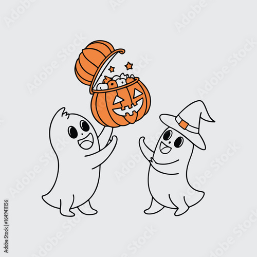 Two cartoon ghosts, one wearing a witch's hat, are joyfully sharing a pumpkin shaped treat filled with goodies.