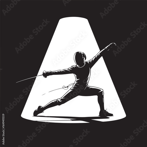 Fencer lunges intensely in dramatic spotlight