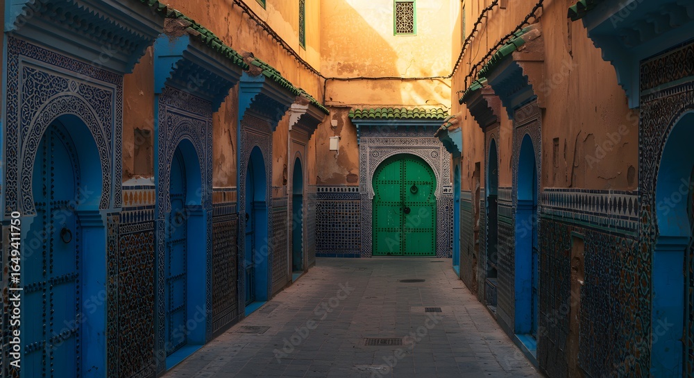 Fototapeta premium Old Moroccan medina with colorful doors and intricate tiles