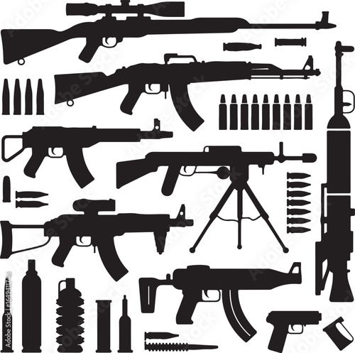 Collection of various firearms and ammunition silhouettes on white background rifle sniper rifle