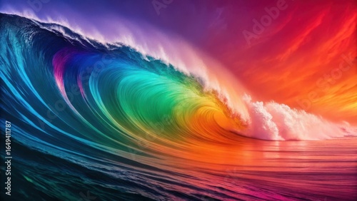 Vibrant rainbow colored ocean wave cresting and crashing with a dramatic colorful sky background