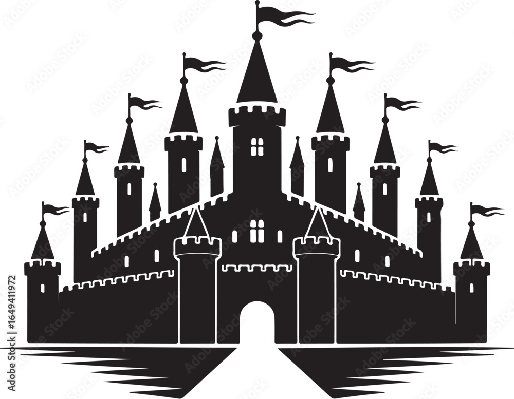Obraz premium Majestic medieval castle silhouette with flying flags