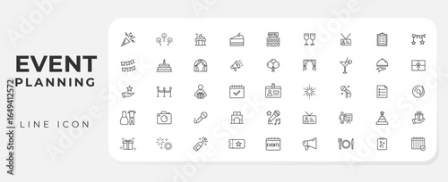 Event planning thin line icons set. Event organization, catering, invitations, holidays, guests, entertainment, celebrations, decoration and more vector icon collections