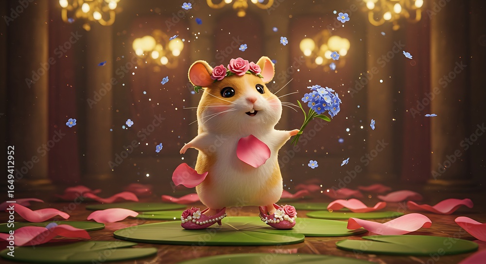 Fototapeta premium Enchanting hamster princess in floral crown holding blue flowers with magical floating petals celebration