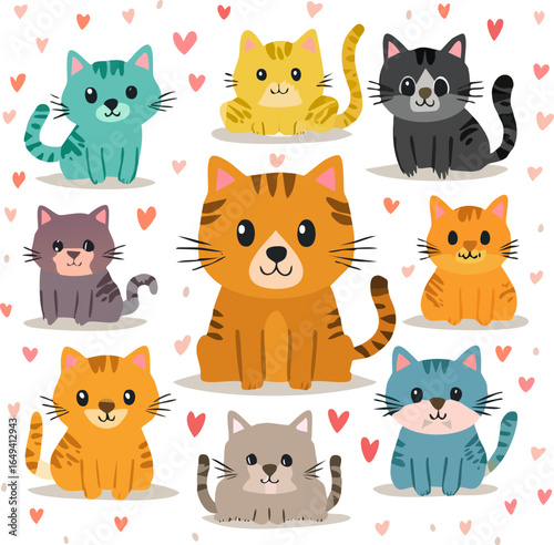 Adorable cartoon cat characters. Cartoon cats in heart-filled designs. Cute cats with bright heart patterns. Kittens with love and colorful vibes. Joyful cats with vibrant colors