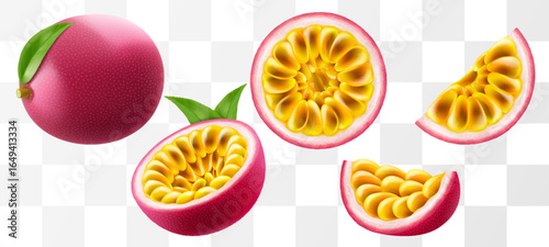 Passion fruit. whole fruit, half and sliced isolated on transparent background. Set of ripe passion fruit or passiflora edulis for package design. Realistic 3d Vector illustration of tropical fruits.