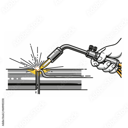 Hand holding a welding torch, applying heat to metal, creating sparks in a detailed illustration.