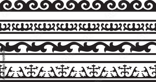 Vector set of black monochrome seamless Kazakh national ornament. Ethnic endless pattern of the peoples of the Great Steppe, 
Mongols, Kyrgyz, Kalmyks, Buryats. frame border.