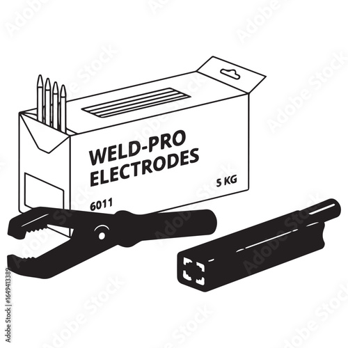 Illustration of a box of welding electrodes, a welding clamp, and an electrode holder, all depicted in a stark black and white line drawing.