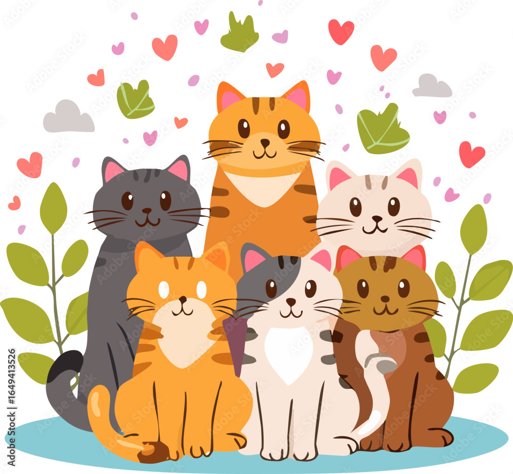 Obraz premium Colorful happy cats and heart accents. Cute cats with playful heart shapes. Fun and vibrant cat characters with hearts. Lovely cartoon cats with love hearts. Colorful feline friends with heart details