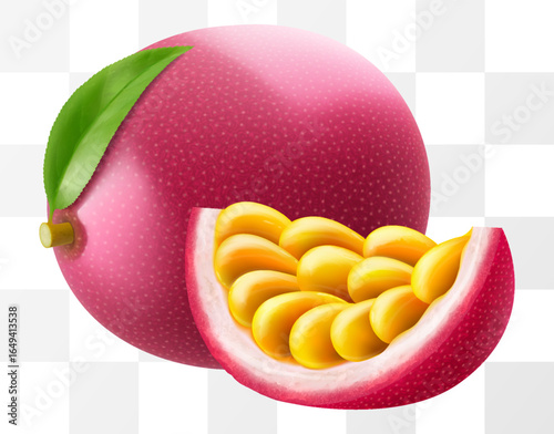 Passion fruit whole fruit and slice isolated on transparent background. Ripe purple passion fruit or passiflora edulis for package design. Realistic 3d Vector illustration of tropical fruits.