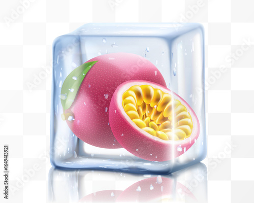 Fresh ripe passion fruit in ice cube isolated on transparent background Frozen tropical juicy passion fruit or passiflora edulis for package design. Realistic 3d Vector illustration of exotic fruits.