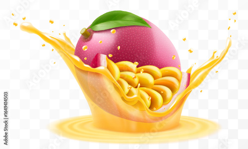 Exotic, tropical passion fruit falls in splash of juice or smoothie, splash of vitamin cocktail with drops, juice splash with ripe purple passion fruit. Realistic 3d vector illustration