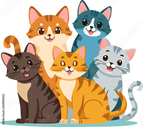 Colorful, happy cartoon kittens. Cartoon cats in various poses and colors. Cute cats in playful, vibrant colors. Fun cat illustrations, adorable characters. Playful and cute cats with bright colors