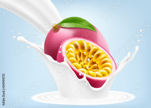 Exotic, tropical passion fruit in splash of yogurt or milk, cocktail splash with drops, Milkshake splash with ripe purple passion fruit. Realistic 3d vector illustration