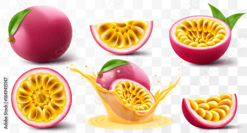 Passion fruit. whole fruit, half and sliced isolated on transparent background. Set of ripe passion fruit or passiflora edulis for package design. Realistic 3d Vector illustration of tropical fruits.