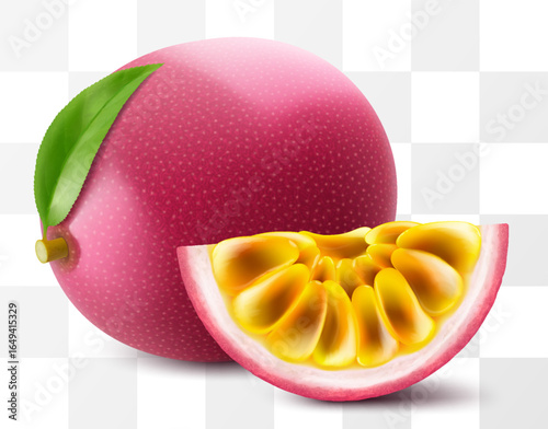 Whole passion fruit, half and sliced fruits isolated on transparent background. Ripe purple passion fruit or passiflora edulis for package design. Realistic 3d Vector illustration of tropical fruits.