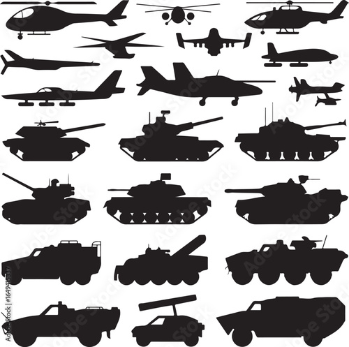 Silhouette collection of military aircraft tanks and vehicles on white background army battle