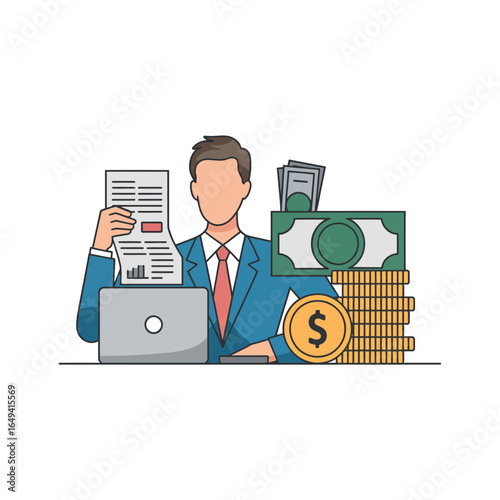 Man in suit with laptop holding financial report near stacks of coins and banknotes computer