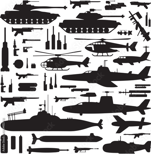 Silhouette collection of military aircraft submarines and weapons on white background army battle