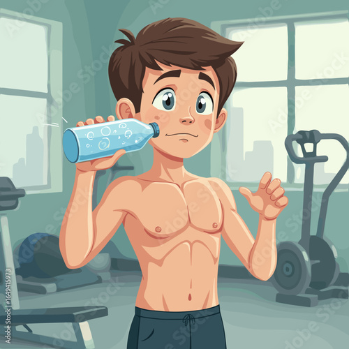 Young boy drinking water from bottle in gym after exercise  