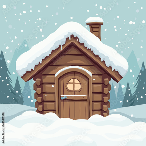 Cozy wooden cabin covered in snow in winter landscape  