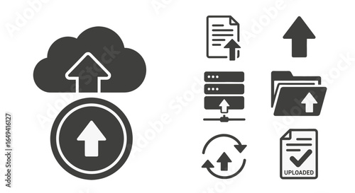 Upload icon set. Containing uploading, file, button, transfer, server, document, uploaded, arrow up, cloud upload and more. Solid vector icons collection
