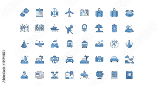 travel-related icons. icons include symbols for travel, holiday, hotel, vacation, tourism, beach, maps, plane, suitcases and more
