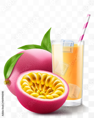 A glass of fresh passion fruit juice with passion fruit and ice cubes. Cup of cocktail or smoothie with ripe exotic passion fruit, isolated on transparent background. Realistic 3d vector illustration