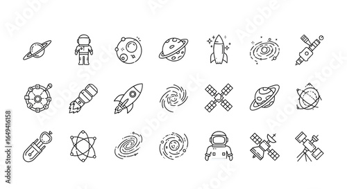 Astronomy and space exploration icon set. Thin line editable stroke icons for astrophysics, planets, rockets, astronauts, solar system, satellites, galaxies and outer space observation science
