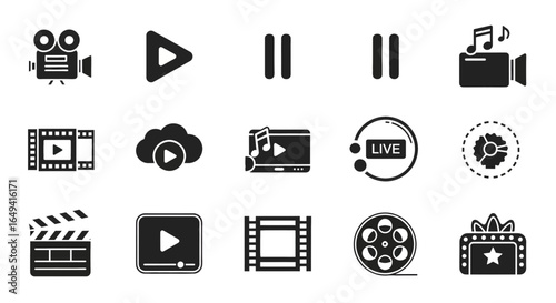 Video icon set. Containing camera, play, pause, media, online video, live, production, player, movie and cinema icons. Solid icon collection.
