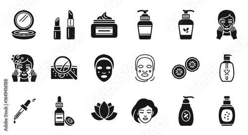 Skin care icon set. Containing cosmetics, cream, lotion, skincare, dermatology, facial care, serum, cleanser, beauty and more. Solid vector icons collection in black and white
