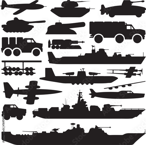 Silhouette collection of military vehicles aircraft and naval ships on white background army tank