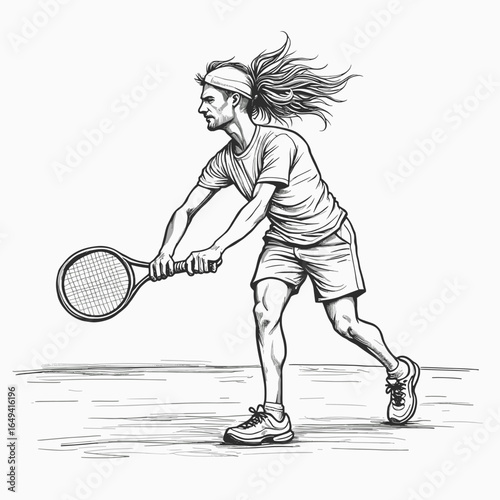 Male tennis player running and preparing to hit the ball in sketch style  