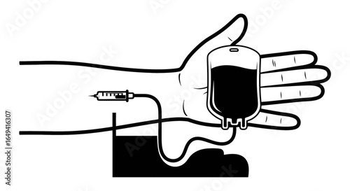 Blood donation icon with open palm, arm, transfusion bag. Vector graphic elements for health, donations, medicine and emergency, in black and white design
