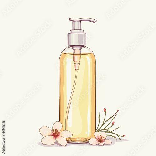 Clear bottle of massage oil with flowers on a light background  