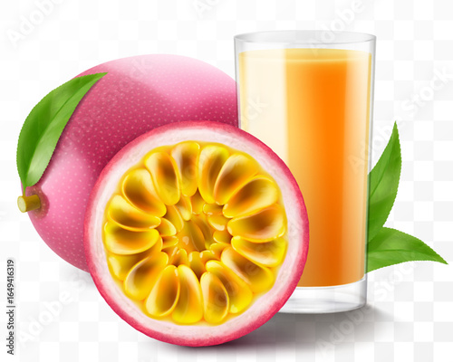 A glass of fresh passion fruit juice with passion fruits. Cup of cocktail or smoothie with ripe exotic passion fruit and leaves , isolated on transparent background. Realistic 3d vector illustration