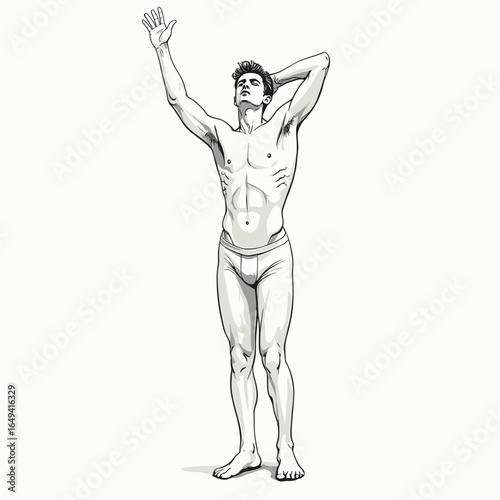 Male figure stretching arms up in clean contour sketch style  