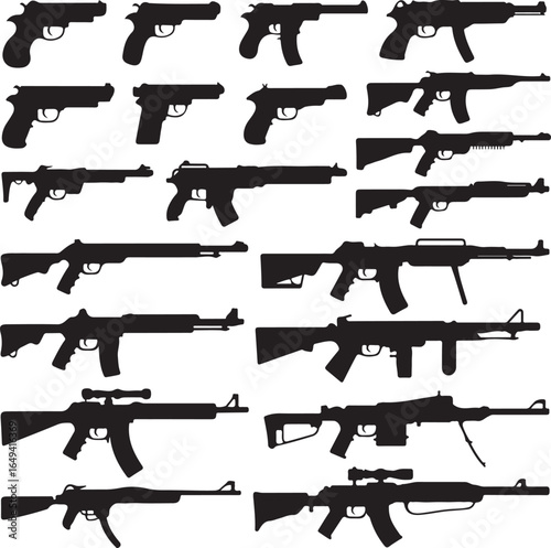 Assortment of handgun and rifle weapon silhouettes on white background pistol firearm