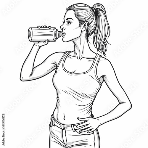 Young woman drinking from a shaker bottle in athletic attire  